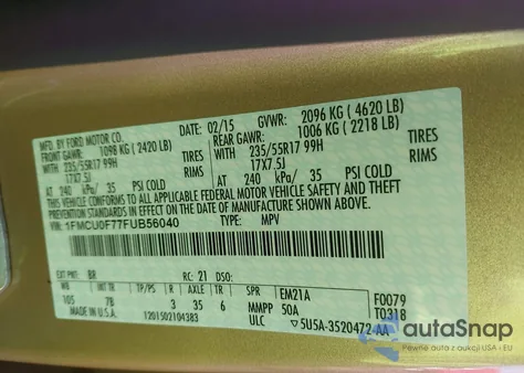 2015 Ford Escape S z USA, uszkodzony, nr VIN 1FMCU0F77FUB56040